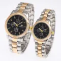 Klassisches Paar-Quarzuhr-Set mit Edelstahlarmband, Chronographen-Zifferblättern und Lünette. - Zweifarbig Schwarzes Zifferblatt