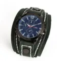 Gedetailleerd overzicht heren vintage breed lederen band quartz horloge blauwe wijzerplaat. - Groen