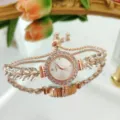 Reloj cuarzo mujer estrás oro rosa con pulsera hoja cristal y cadena ajustable de moda. - Blanco