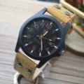 Men military quartz watch with black dial Arabic numerals and khaki leather strap for daily use. - Khaki