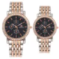 Detailed shot of couple quartz watch, rhinestone bezel, metal strap, three sub-dials style. - Two Tone Rose Gold Black Dial Women
