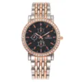 Stainless steel rhinestone quartz watch with black dial and chronograph subdials detail. - Two Tone Rose Gold Black Dial Men