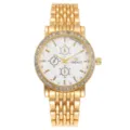 Gold-tone stainless steel quartz watch with rhinestone bezel and white chronograph dial. - Gold White Dial Men
