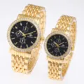 Luxury gold-tone quartz couple watches with rhinestone bezel and black chronograph dial. - Gold Black Dial Men