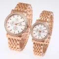 Close-up detail of rose gold couple quartz watches with rhinestone bezels and white dials. - Rose Gold White Dial Men