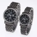 Couple rhinestone steel quartz watch set, black dial, business casual design, fashion detail. - Black Men's