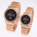Luxury rose gold quartz couple watch set with rhinestone bezel and black chronograph dial details. - Rose Gold Black Dial Men