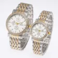 Couple quartz watch set, stainless steel two-tone strap, rhinestone bezel, white dial. - Two Tone Gold White Dial Men