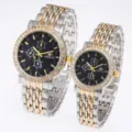 Luxury couple quartz watch set with crystal bezel, stainless steel strap, and chronograph dial. - Two Tone Gold Black Dial Men