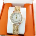 Elegant gold women quartz watch featuring sparkling rhinestone bezel and roman numerals. - Gold White