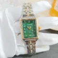 Montre quartz carrée élégante pour femme avec cadran vert, strass brillants et bracelet acier. - Bicolore Or Vert