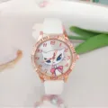 Orologio donna gatto carino alla moda con cinturino bianco e lunetta strass oro rosa. - Bianco