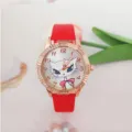 Orologio donna al quarzo gatto moda strass con cinturino rosso e lunetta cristallo oro rosa dettaglio. - Rosso