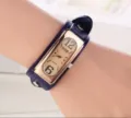 Vintage rechteckige Damen Quarzarmbanduhr mit blauem Lederarmband und goldenem Gehaeuse chic - Weißes Zifferblatt Blau