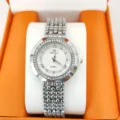 Silver rhinestone women's quartz watch with beaded strap, elegant Roman numeral dial detail. - Silver White