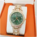 Luxe gouden strass kwarts horloge voor vrouwen, groene wijzerplaat met diamanten armband. - Gouden Kast Groene Wijzerplaat