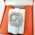 Women square quartz watch with rhinestone bezel white leather strap elegant fashion timepiece - White