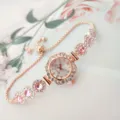 Rose gold quartz watch detail, sparkling rhinestones and pink crystal charm bracelet design. - Rose Gold Pink