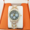 Luxe strass bezet kwarts horloge voor heren en dames gouden stalen band chronograaf - Gouden Kast Zwarte Wijzerplaat