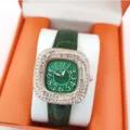 Montre quartz carree verte en strass pour femmes avec bracelet en cuir elegant et chiffres. - Vert
