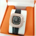Square rhinestone women watch with black leather strap and quartz movement in gift box - Black