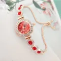 Luxury rhinestone women quartz watch with red dial and pull bracelet design detail view. - Rose Gold Red Face