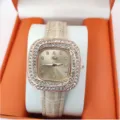 Elegant square rhinestone women quartz watch with light leather strap and rose gold luxury case. - Beige