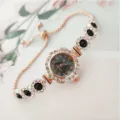 Rose gold quartz women watch with sparkling rhinestones and adjustable pull bracelet. - Rose Gold Black
