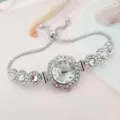 Rhinestone flower dial quartz watch detail, adjustable slider silver bracelet, sparkling crystals. - Silver