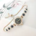 Gold quartz women watch with diamond crystal cluster and black bead bracelet pull chain style - Gold Black