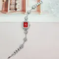 Damen Armbanduhr quadratisches Zifferblatt Strass Blumen Armband Quarz Uhr Stil neu - Silbergehäuse Rotes Zifferblatt