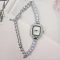 Square rhinestone women quartz watch with elegant chain strap detailed close up view - Silver-White
