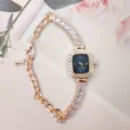 Elegant rose gold square quartz watch with glittering rhinestones and chain bracelet strap. - Rose Gold Blue