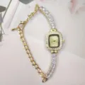 Minimalist square rhinestone women quartz watch elegant metal chain bracelet jewelry gift - Gold