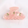 Rosa Acryl Haarklammer mit grünen Strasssteinen, süßes Blumenblatt Design Haaraccessoire - Pfirsich