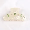 Elegante Acryl Haarklammer mit grünen Kristallblättern und funkelnden Strasssteinen für Damen - Gebrochenes Weiß