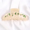 Elegante molletta per capelli in acetato con foglie di cristallo verde e strass floreali. - Beige