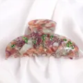 Elegante molletta per capelli in acetato con fiori di cristallo e foglie verdi brillanti. - Viola Vintage