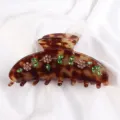Morsetto per capelli in acetato tartarugato con fiori di strass scintillanti e foglie verdi eleganti - Tartarugato Classico