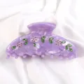 Elegante molla per capelli in acetato viola con fiori rosa e strass di cristallo verde. - Viola