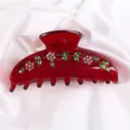 Molla per capelli in acetato rosso con fiori di strass e foglie di gemma verde - Rosso Scuro Semitrasparente