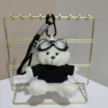 Cute pilot teddy bear plush doll keychain backpack pendant with black goggles and clothes. - White Bear in Black Clothes