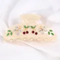 Elegante molletta per capelli in acetato con strass di ciliegie e farfalle per stile quotidiano. - Bianco Crema