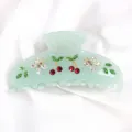 Morsetto per capelli in acetato verde menta con strass di ciliegie e fiori di cristallo lucidi. - Verde Menta