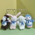 Cute plush animal keychain set featuring lovely rabbit, monkey, lamb, and penguin pendants. - Mixed