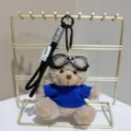 Cute plush bear keychain with aviation goggles and blue sweater doll pendant bag charm - Grey Bear in Blue Clothes