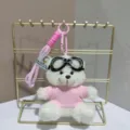 Plush bear keychain plushie with pilot goggles and pink sweater for backpack bag decoration - White Bear with Pink Sweater