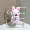 Cute pink plush rabbit keychain holding boba tea cup, soft stuffed animal bag charm. - 12cm Colored Rope / Pink