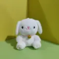 Close up view of cute white plush puppy toy featuring soft fur and golden bell accessory. - 12cm Bead Chain / White
