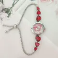 Women quartz watch with red heart crystal charm, pink dial and adjustable pull bracelet. - Silver Case Red Dial